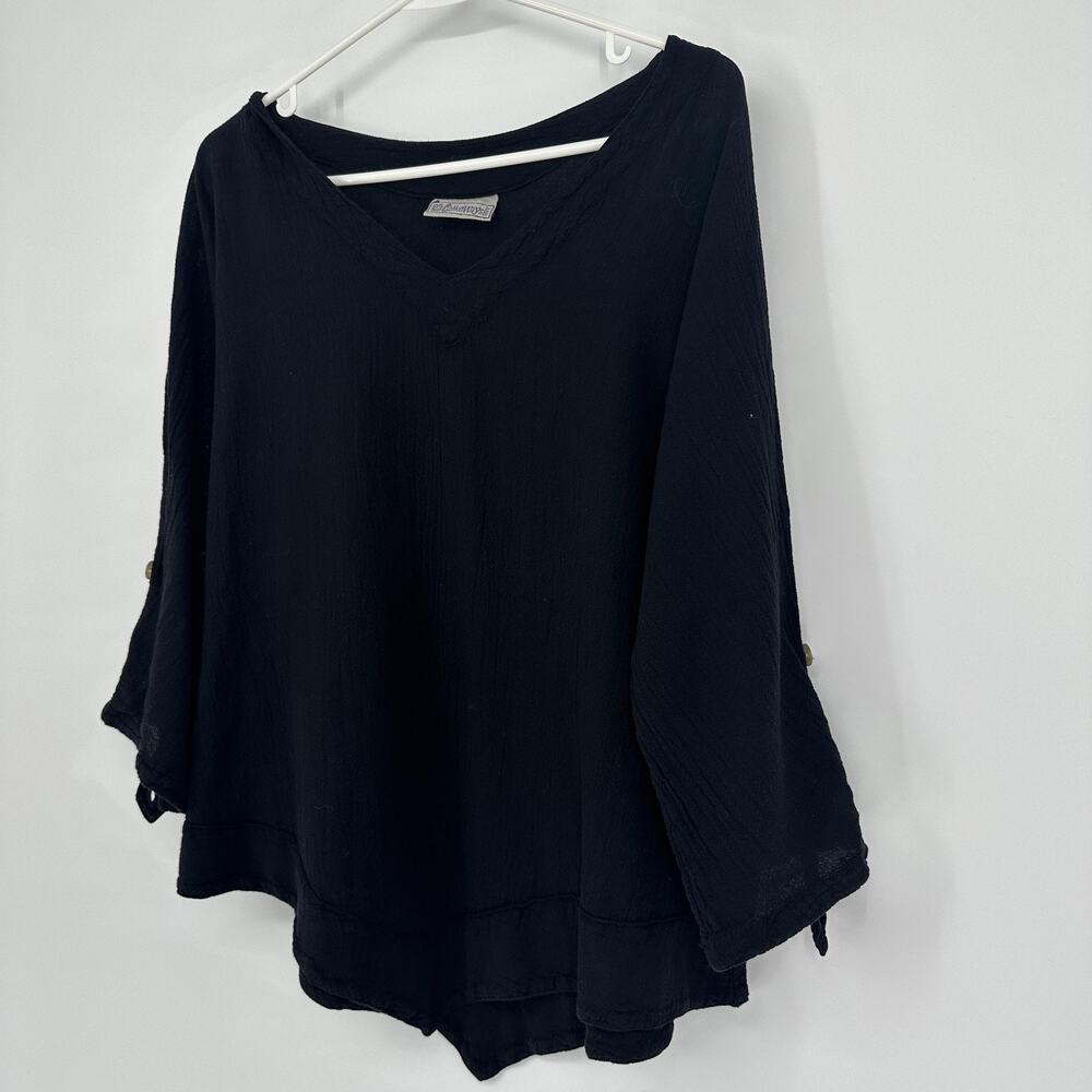 Cottonways Shirt Womens Size LARGE Black V-Neck Tunic 3/4 Roll Tab Sleeves Boho - Picture 4 of 10